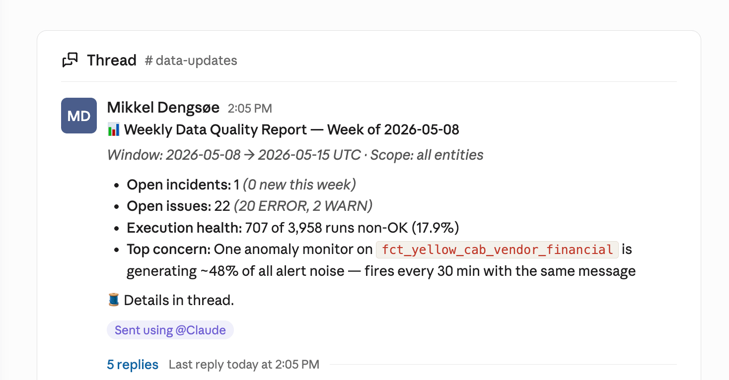 A weekly data quality report posted as a Slack thread with headline counts and detail in the replies