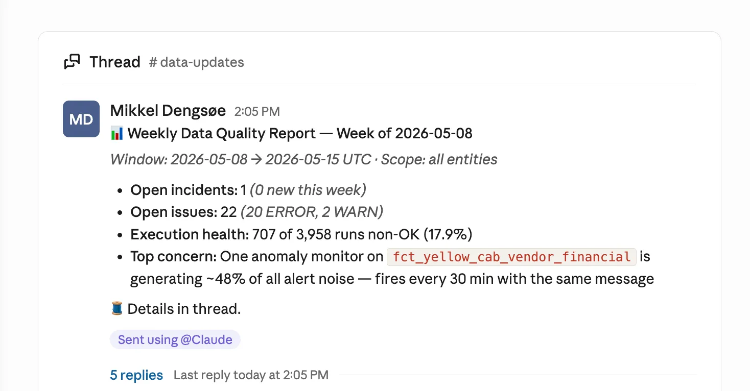 A weekly data quality report posted as a Slack thread with headline counts and detail in the replies