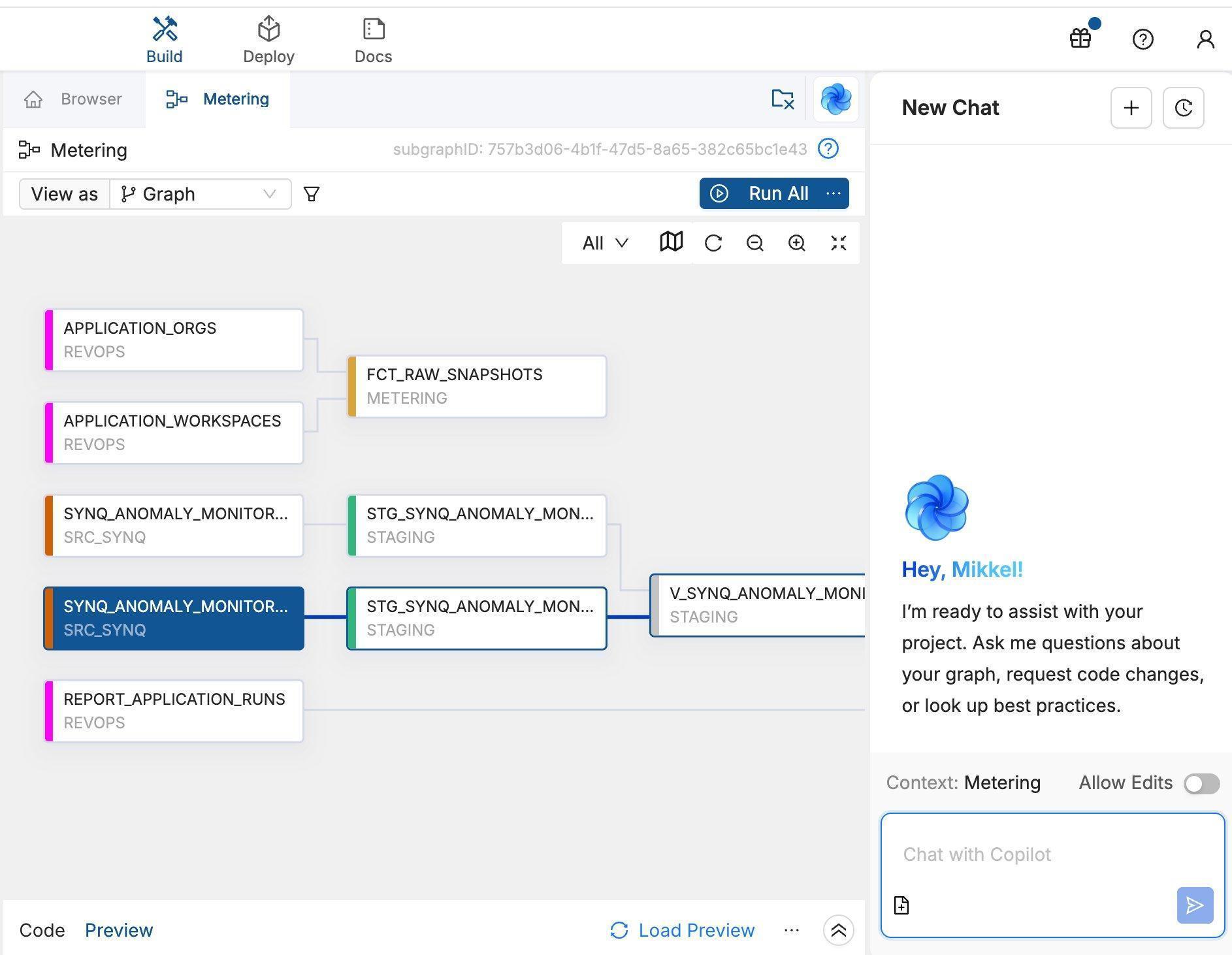 Coalesce Transform showing the node graph with the Copilot chat panel open on the right